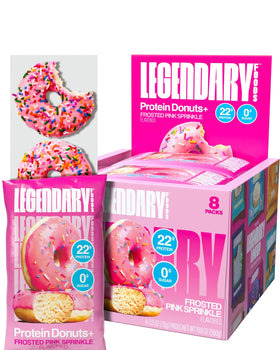 Legendary Foods Protein Donuts front view with pink glaze; high-protein on-the-go snack.