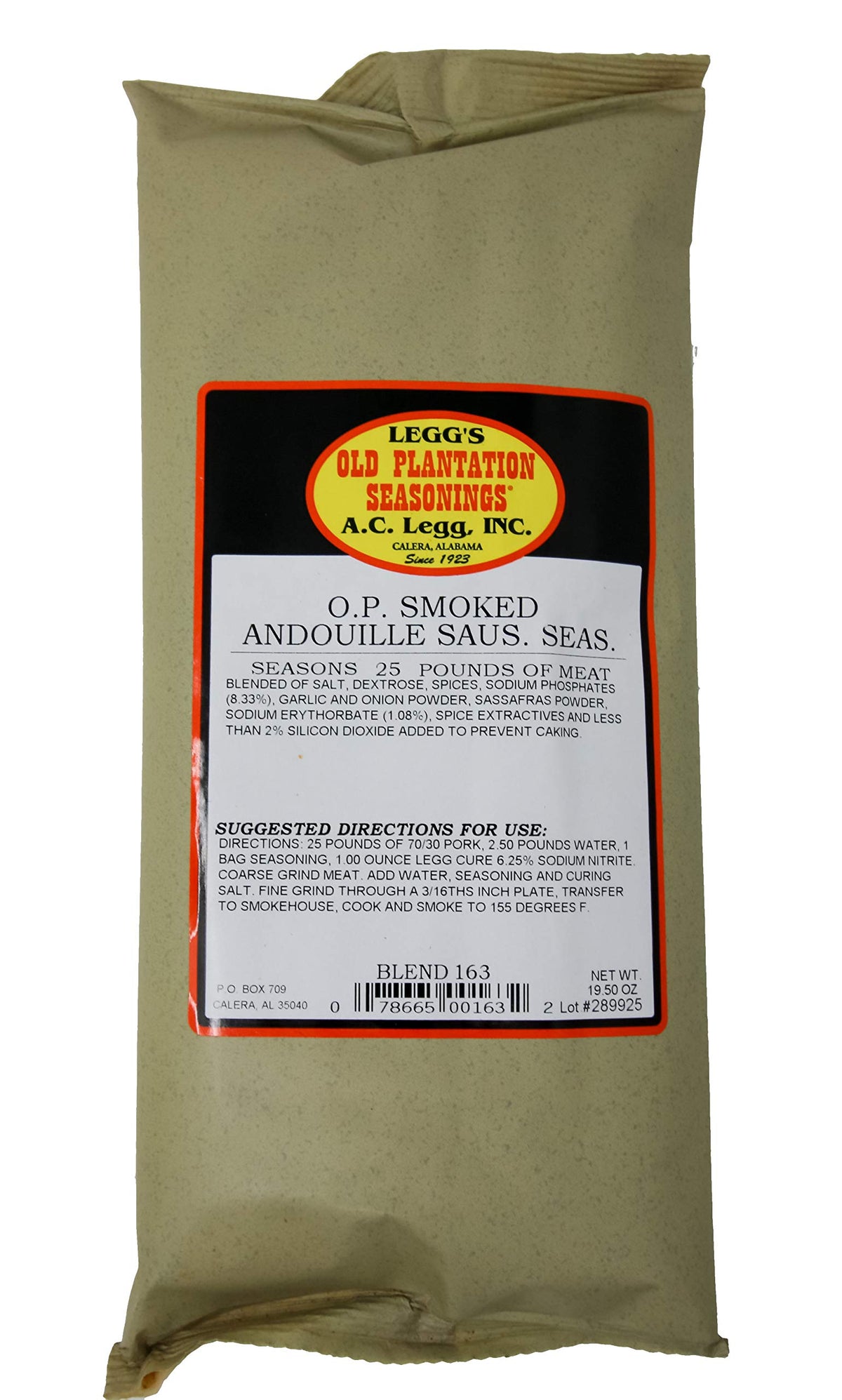 Legg's Old Plantation 163 Smoked Andouille Seasoning bag for 25 lb batches enhances Cajun flavor