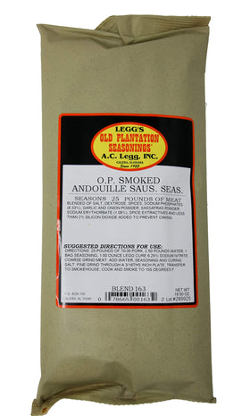 Legg's Old Plantation 163 Smoked Andouille Seasoning bag for 25 lb batches enhances Cajun flavor