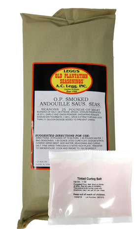 Legg's Old Plantation Smoked Andouille Seasoning label showing cure for safe processing