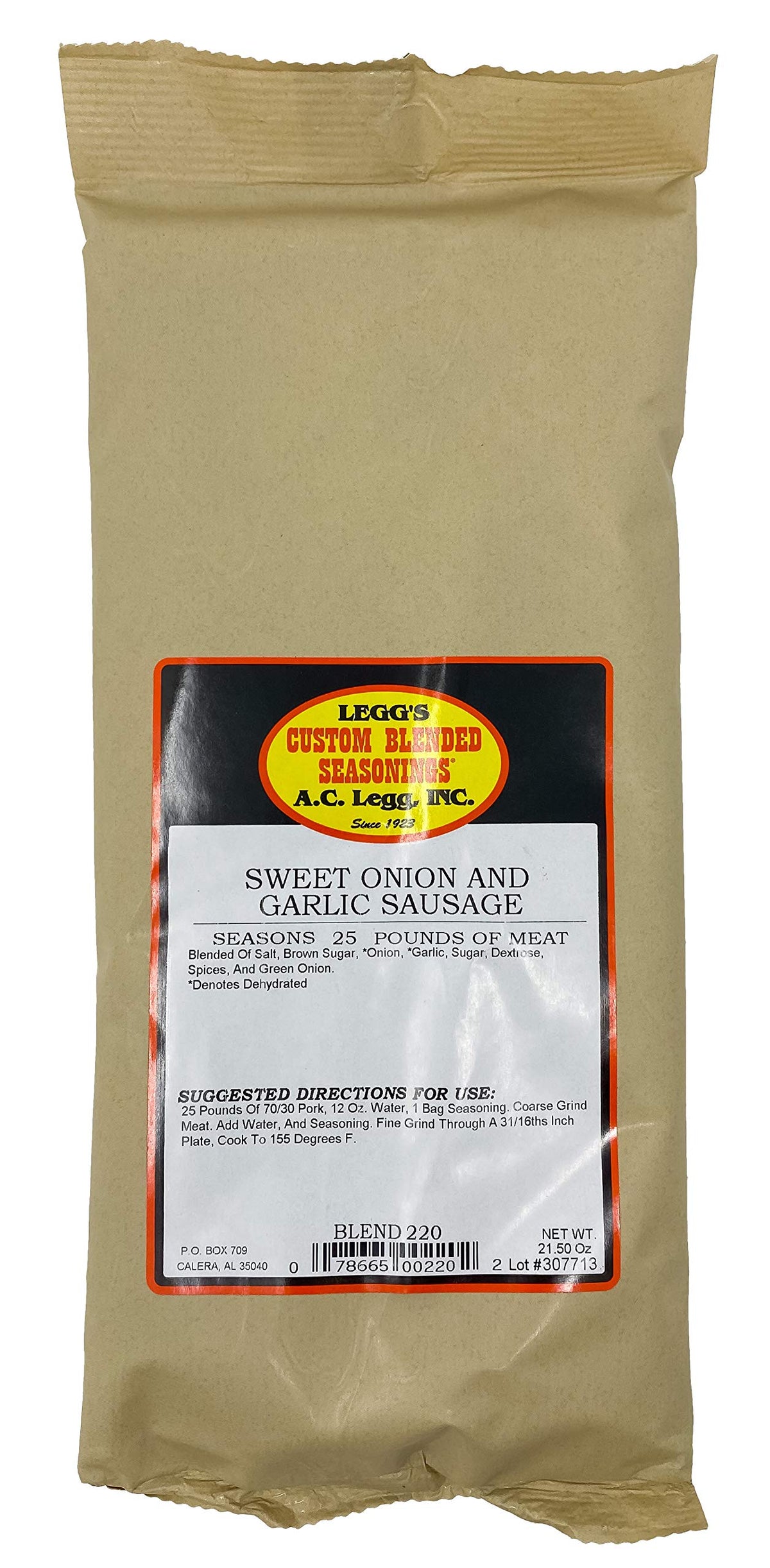 Legg's Old Plantation Sweet Onion and Garlic sausage seasoning pack enhances pork flavor for homemade sausages
