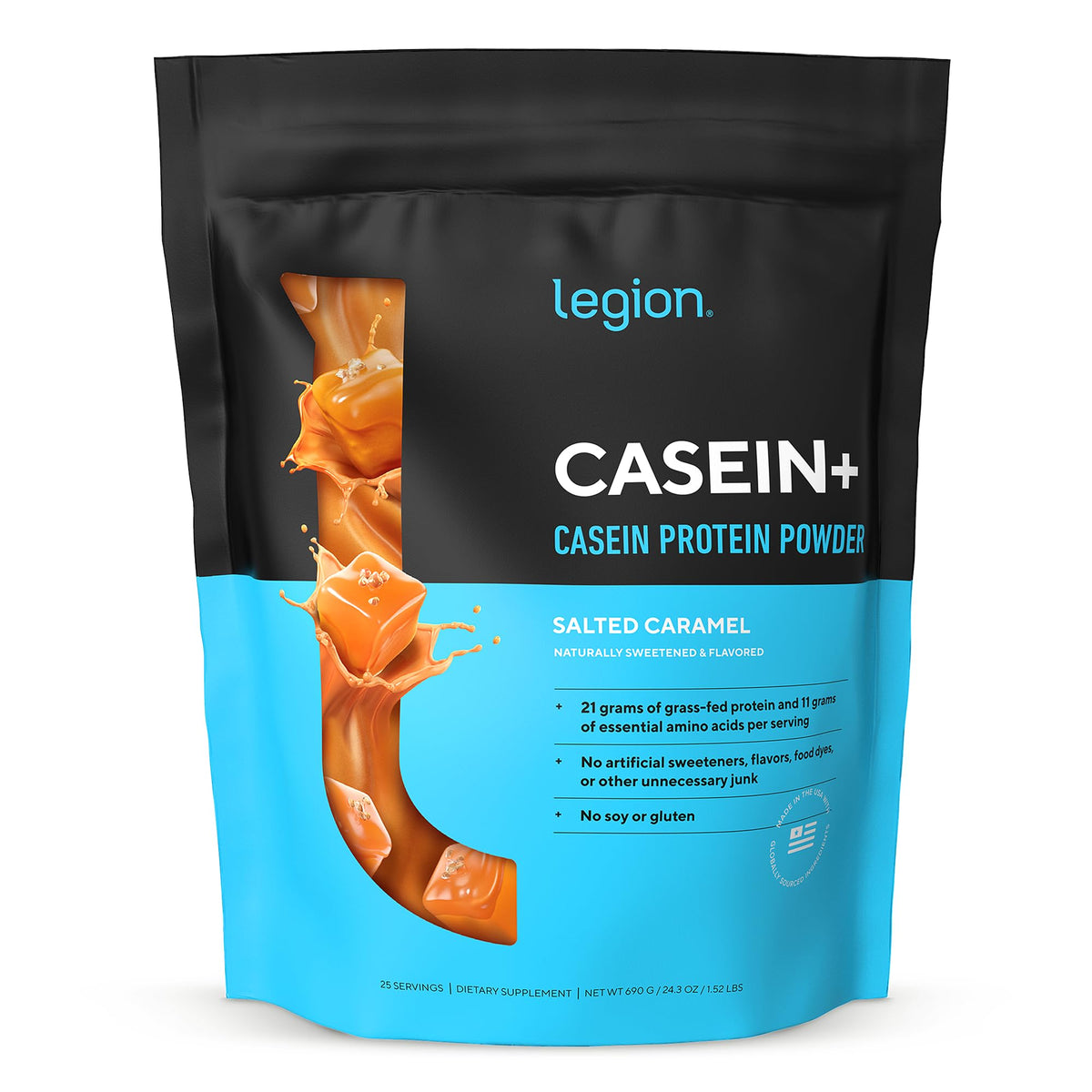 LEGION Casein+ salted caramel tub shown for overnight recovery.