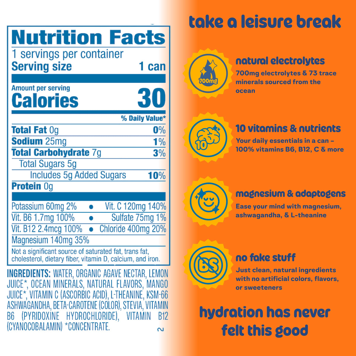 Leisure Hydration ashwagandha adaptogen label emphasizing calm support.