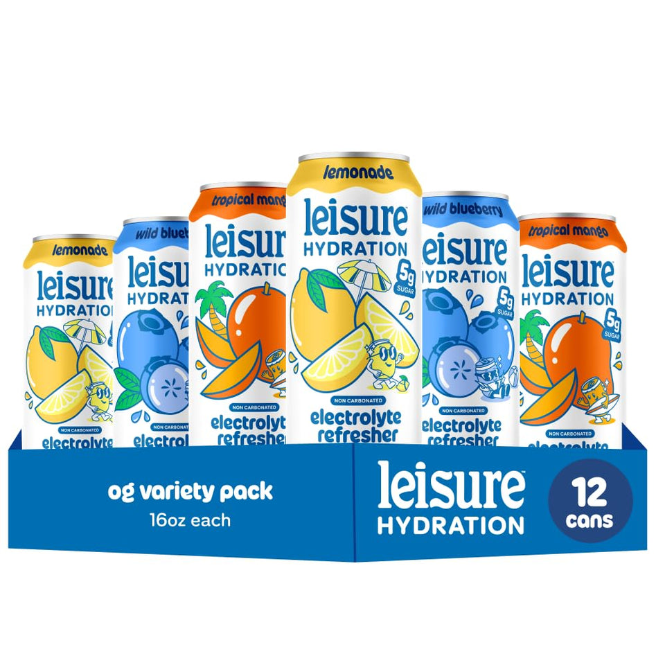 Leisure Hydration Lemonade can being poured for a refreshing, energizing sip.