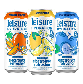 Leisure Hydration recyclable cans stacked for eco-conscious consumers.