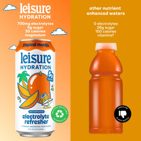 Leisure Hydration tropical mango glass with ice—cool, tropical sip.
