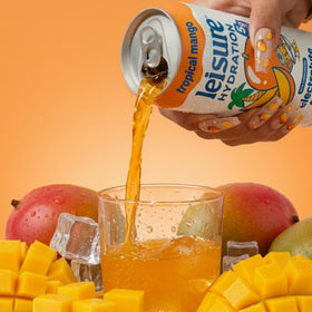 Leisure Hydration tropical mango ingredients graphic—electrolytes and adaptogens.