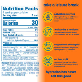 Leisure Hydration tropical mango label closeup—clean, non-GMO ingredient showcase.