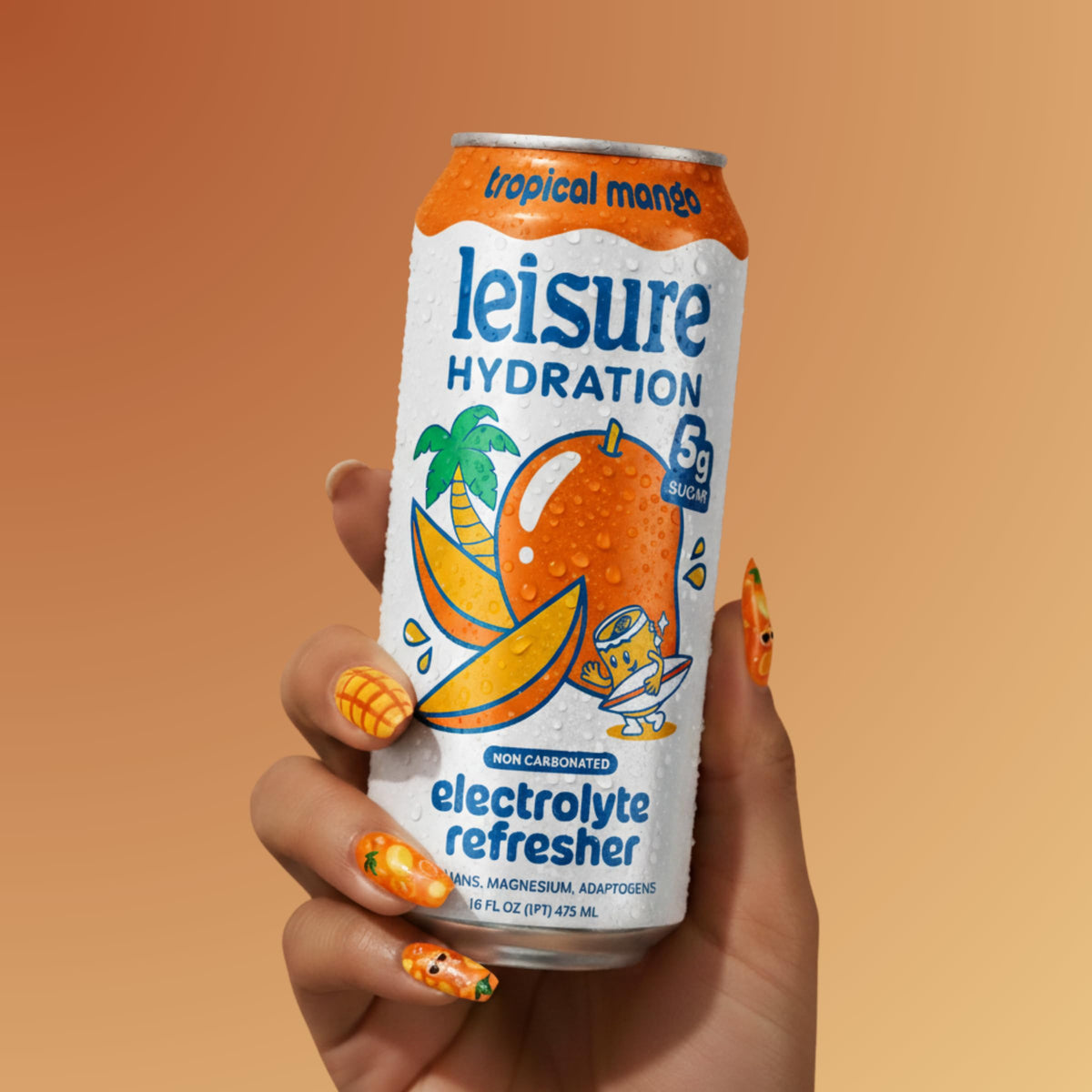 Leisure Hydration tropical mango recyclable can—eco-friendly packaging.