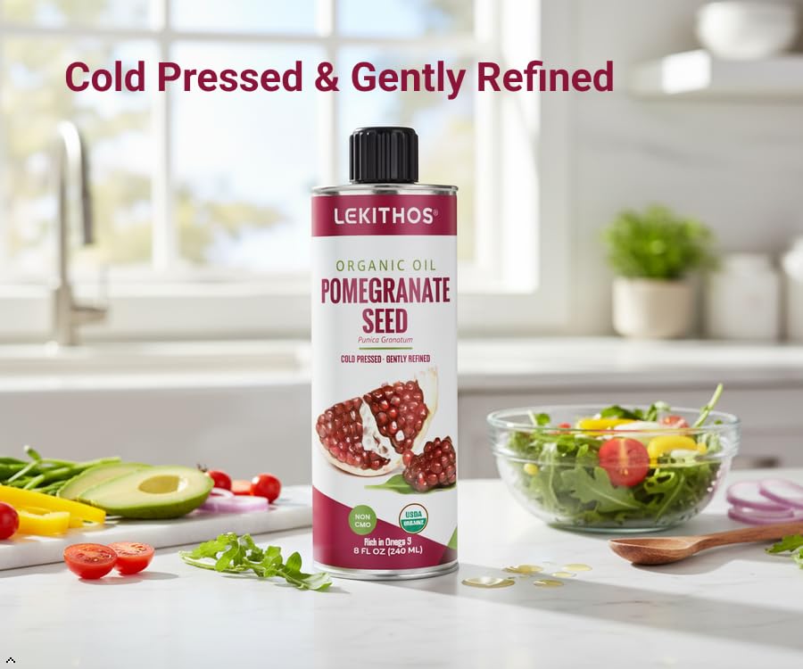 Lekithos Pomegranate Seed Oil amber bottle on light background for beauty routine.