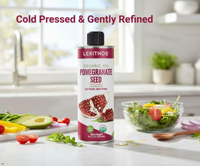 Lekithos Pomegranate Seed Oil amber bottle on light background for beauty routine.