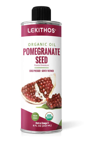 Lekithos Pomegranate Seed Oil bottle with amber color highlighting antioxidant-rich skincare.