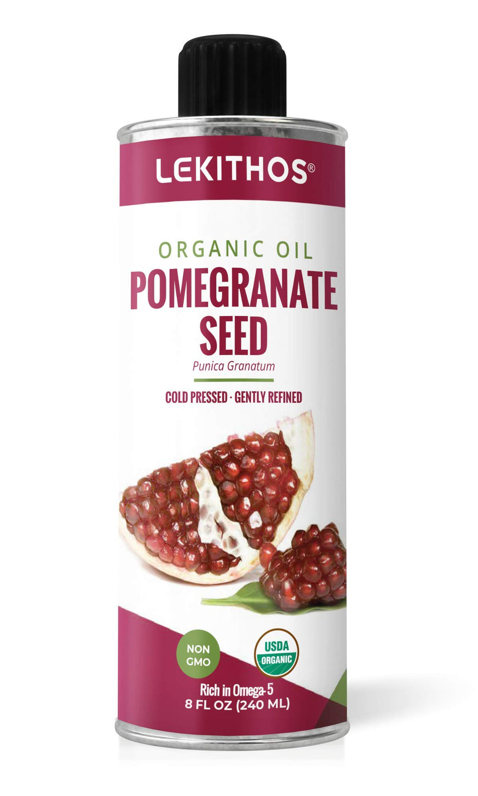 Lekithos Pomegranate Seed Oil bottle with amber color highlighting antioxidant-rich skincare.