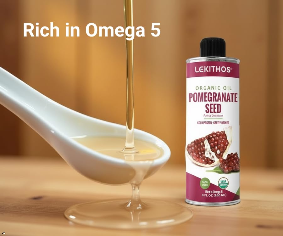 Lekithos Pomegranate Seed Oil being poured, suitable for smoothies and topical use.