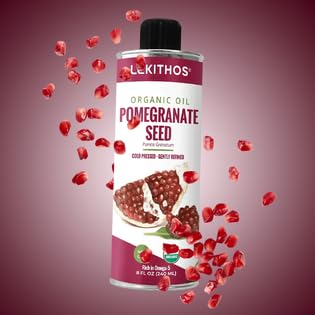 Lekithos Pomegranate Seed Oil with leaves, showcasing natural antioxidant source.