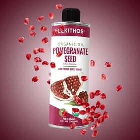 Lekithos Pomegranate Seed Oil with leaves, showcasing natural antioxidant source.