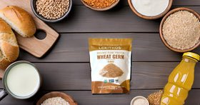 Lekithos Wheat Germ Flakes poured into a mix for baking or smoothies.