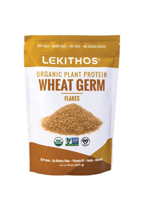 Lekithos Wheat Germ Protein jar close-up showing premium organic flakes for daily protein.