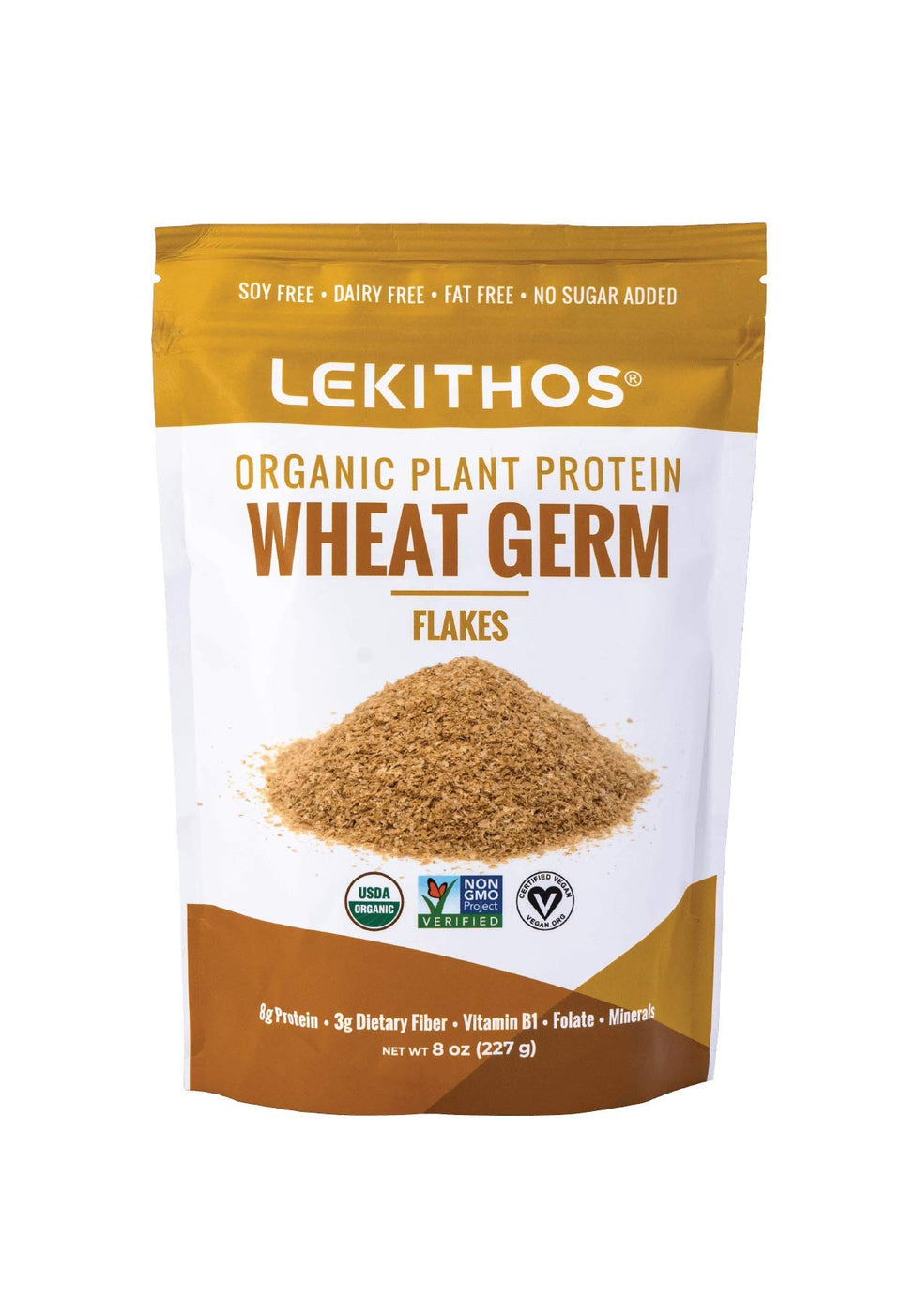 Lekithos Wheat Germ Protein jar close-up showing premium organic flakes for daily protein.