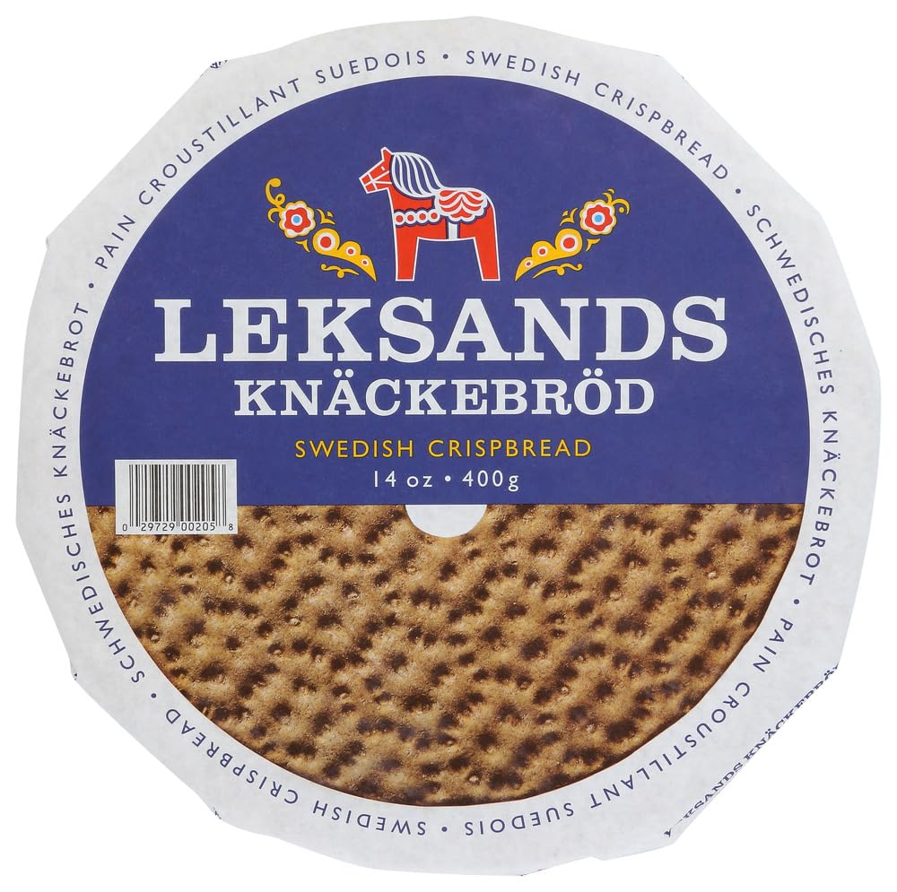 Leksands Swedish rye crispbread rounds in pack shot, ideal for snacking.