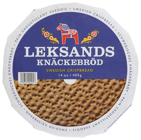 Leksands Swedish rye crispbread rounds in pack shot, ideal for snacking.