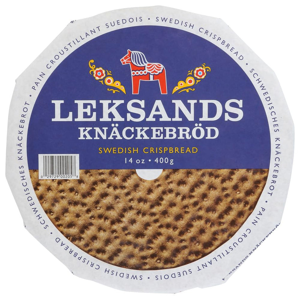 Leksands Swedish rye crispbread rounds in pack shot, ideal for snacking.