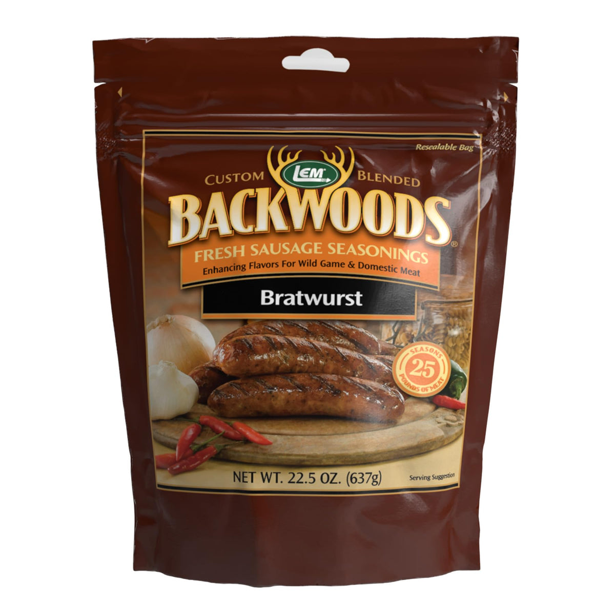 LEM Backwoods Bratwurst Seasoning—25 lb yield for versatile fresh sausages.