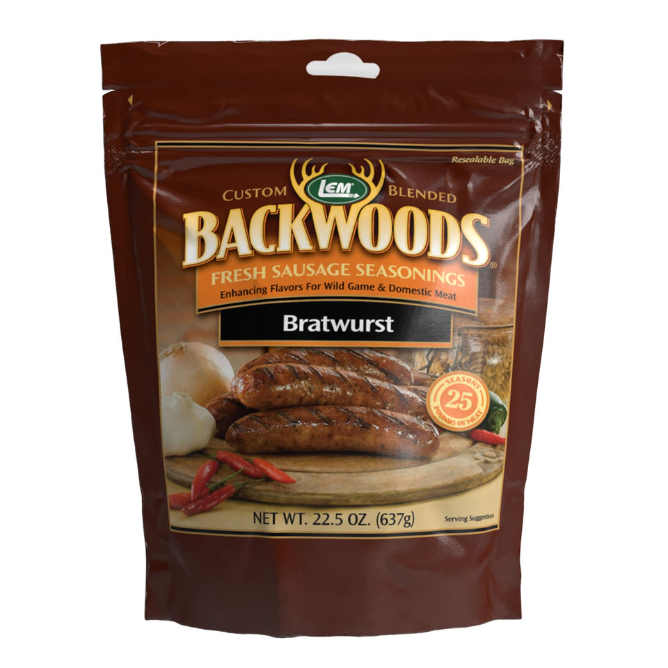 LEM Backwoods Bratwurst Seasoning—25 lb yield for versatile fresh sausages.