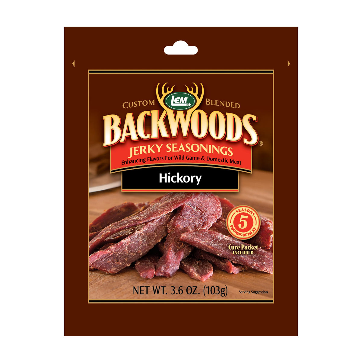 LEM Backwoods Hickory Jerky Seasoning jar for flavorful homemade jerky.