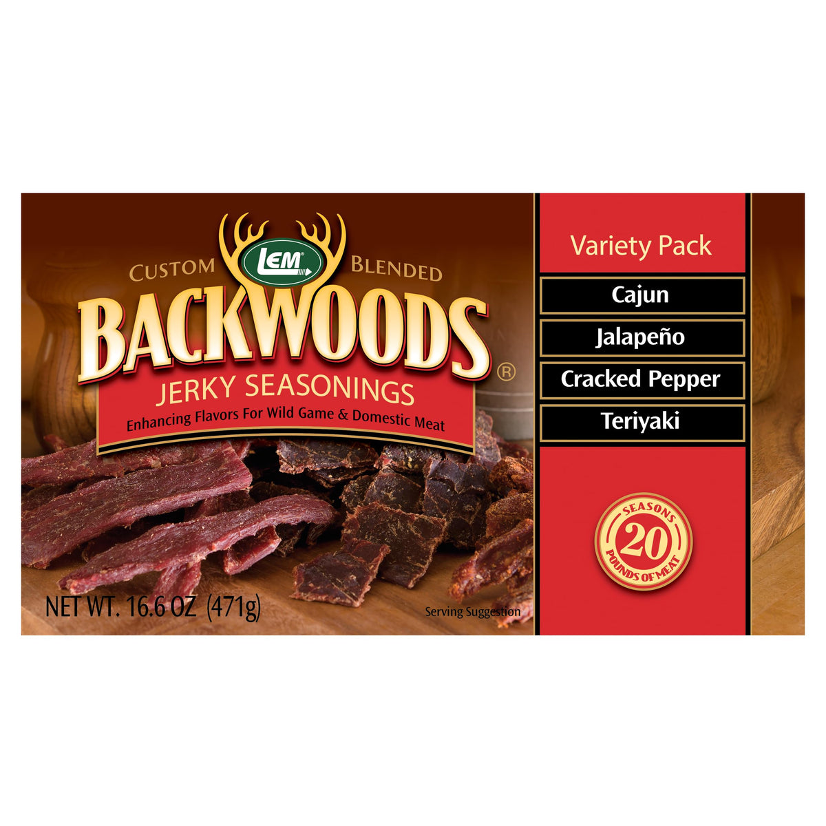 LEM Backwoods Jerky Cajun seasoning bottle for bold marinating flavor.