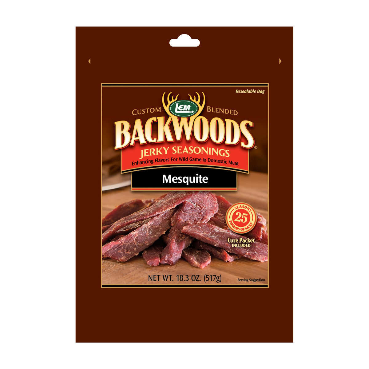 LEM Backwoods Mesquite Jerky Seasoning packet adds smoky Southwest flavor to meat.