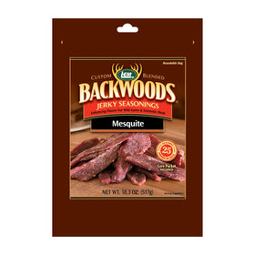 LEM Backwoods Mesquite Jerky Seasoning packet adds smoky Southwest flavor to meat.