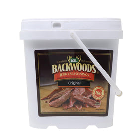 LEM Backwoods Original Jerky Seasoning bucket with pre-measured cure.