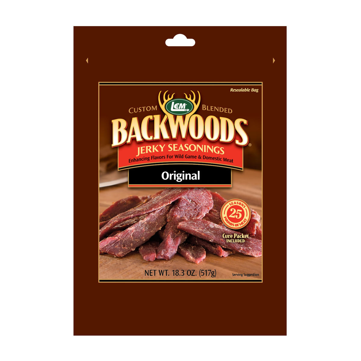 LEM Backwoods Original Jerky Seasoning package with pre-measured cure for consistent flavor