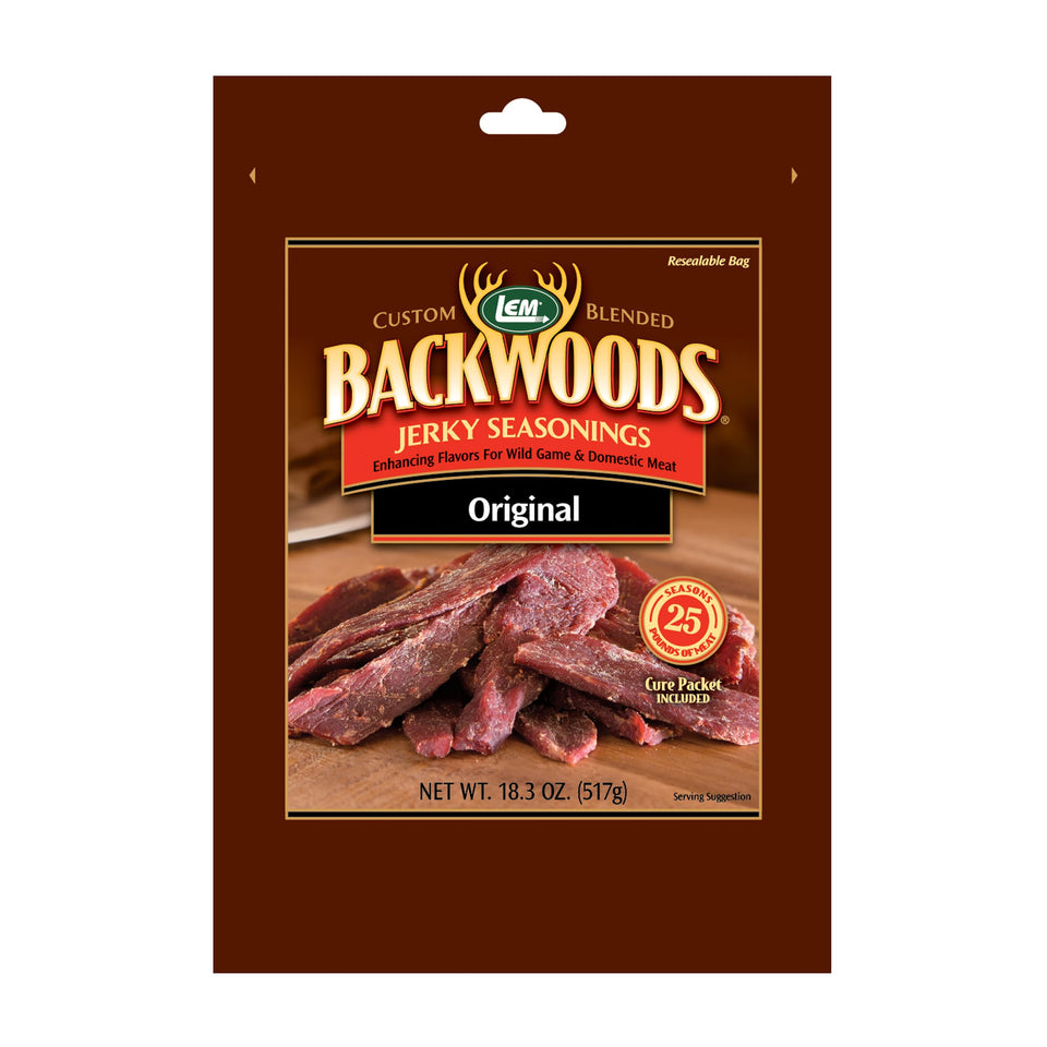 LEM Backwoods Original Jerky Seasoning package with pre-measured cure for consistent flavor
