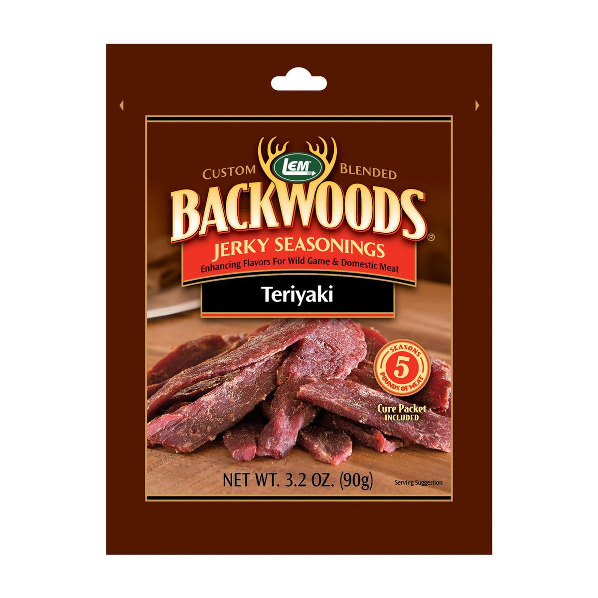 LEM Backwoods Teriyaki seasoning bottle pour, ideal for jerky prep