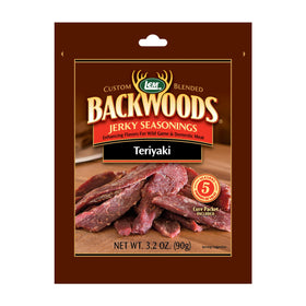 LEM Backwoods Teriyaki seasoning bottle pour, ideal for jerky prep