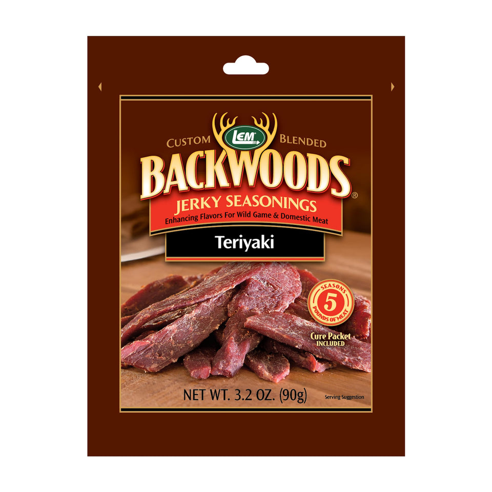 LEM Backwoods Teriyaki seasoning bottle pour, ideal for jerky prep