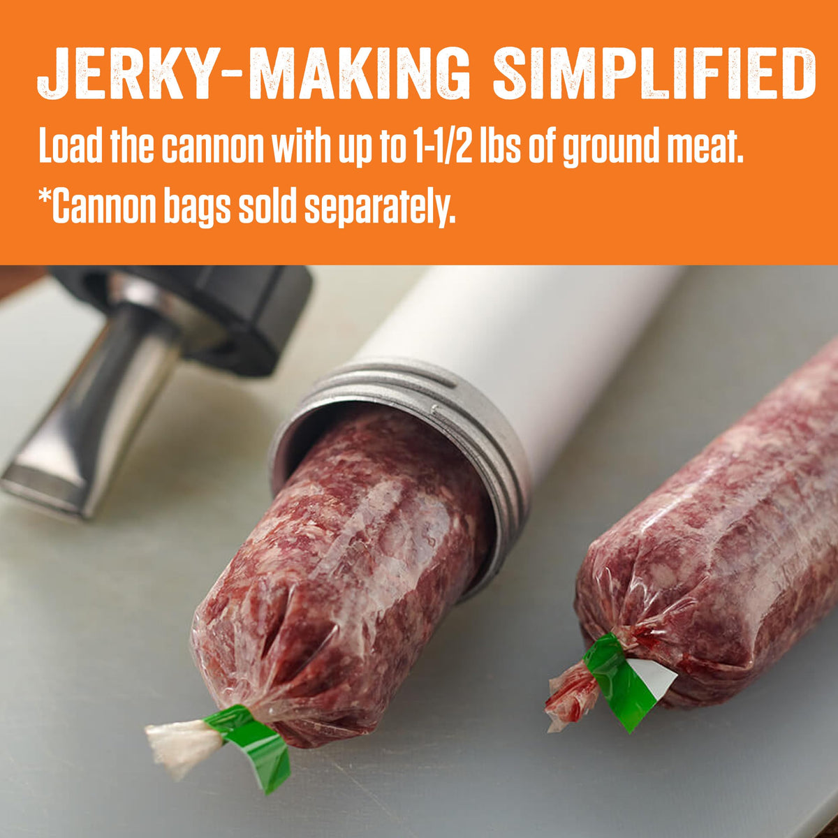 LEM Jerky Cannon snack-stick nozzle forms even sticks from meat
