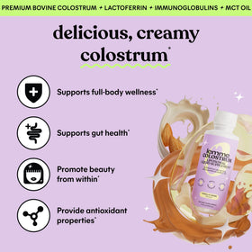 Lemme Colostrum Coffee Creamer bottle highlights lactoferrin and immunoglobulins