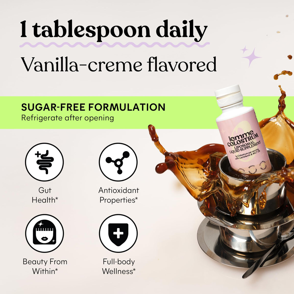 Lemme Colostrum Coffee Creamer vanilla creme poured into coffee