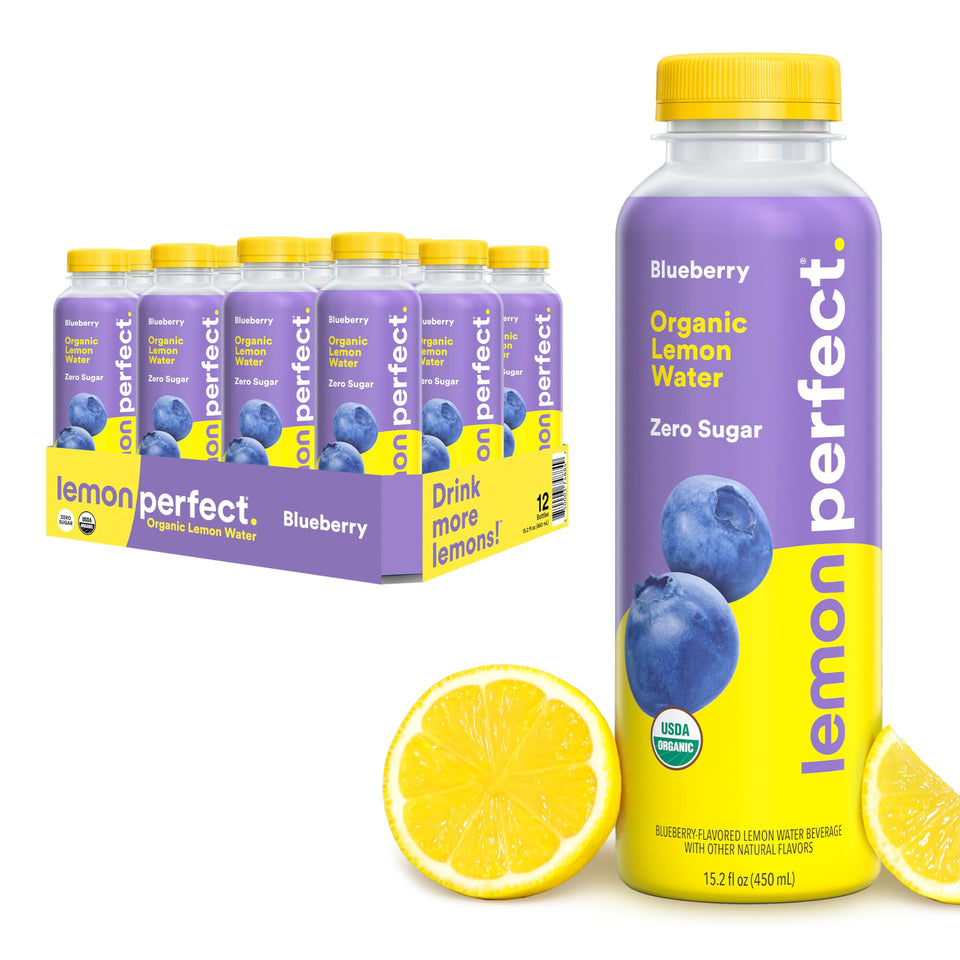 Lemon Perfect Blueberry bottle highlighting organic ingredients for refreshing hydration.