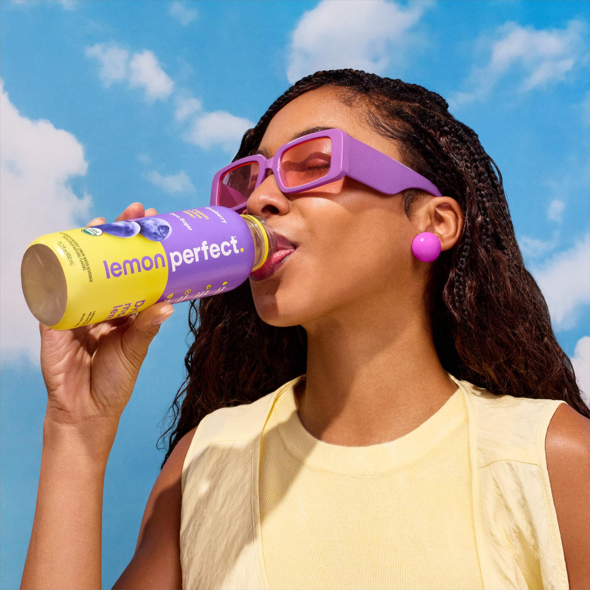 Lemon Perfect Blueberry certifications badge signals USDA Organic and vegan credentials.