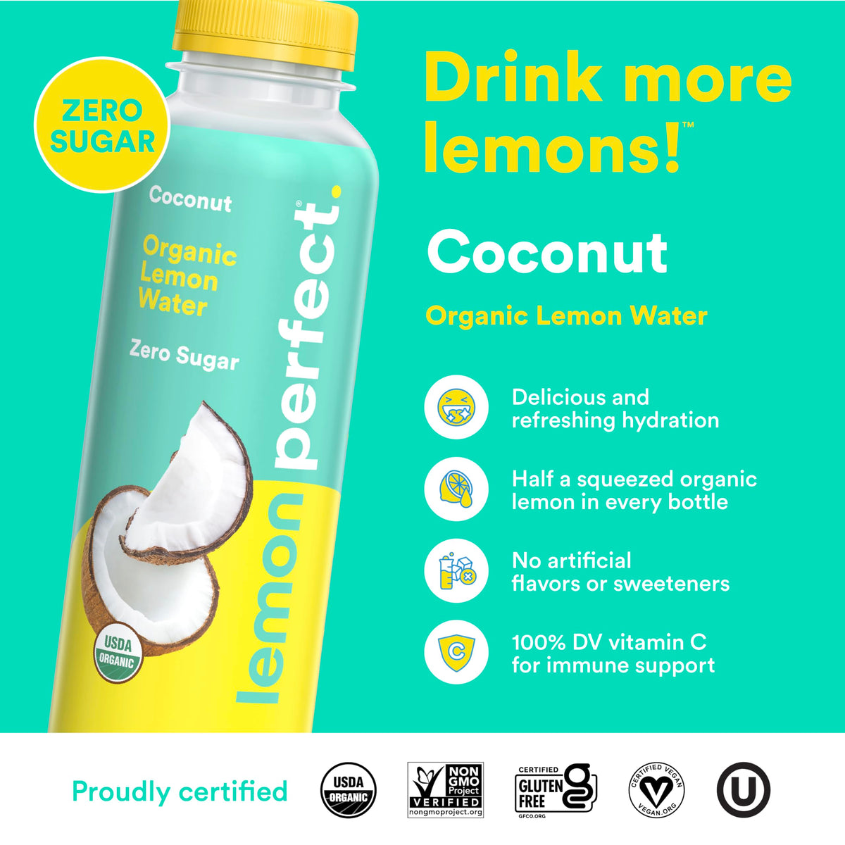 Lemon Perfect Coconut bottle back label with organic certifications and nutrition details.