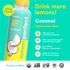 Lemon Perfect Coconut bottle back label with organic certifications and nutrition details.