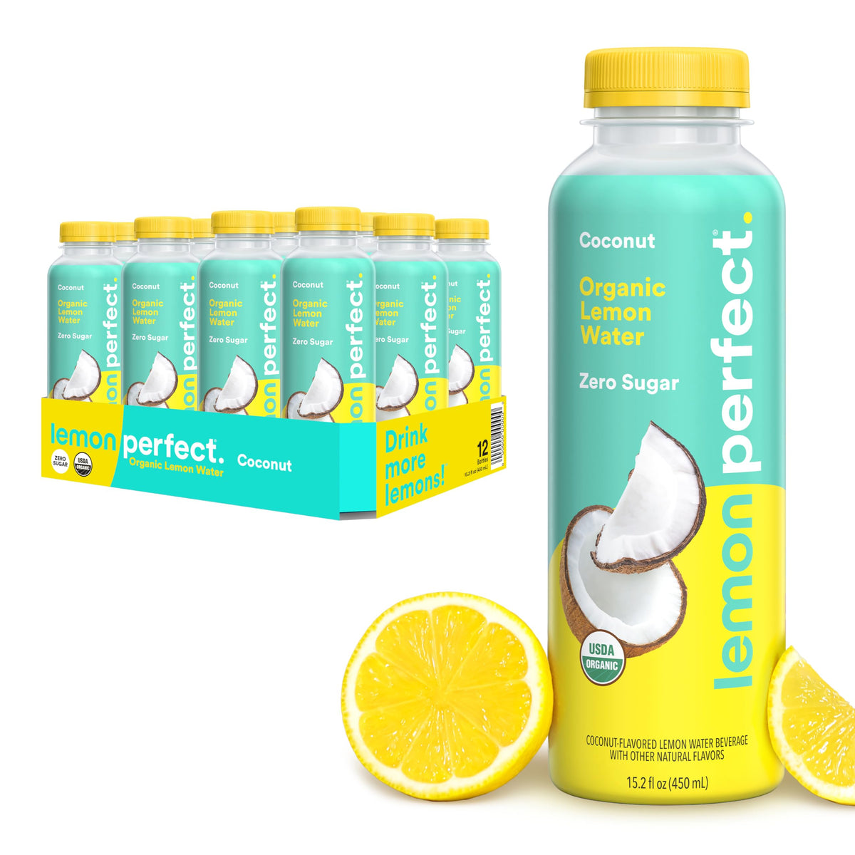Lemon Perfect Coconut bottle front view showing refreshing, zero sugar hydration.