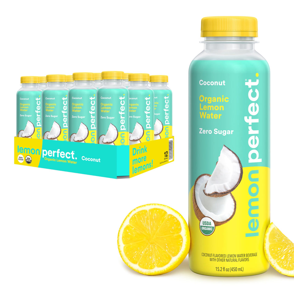Lemon Perfect Coconut bottle front view showing refreshing, zero sugar hydration.