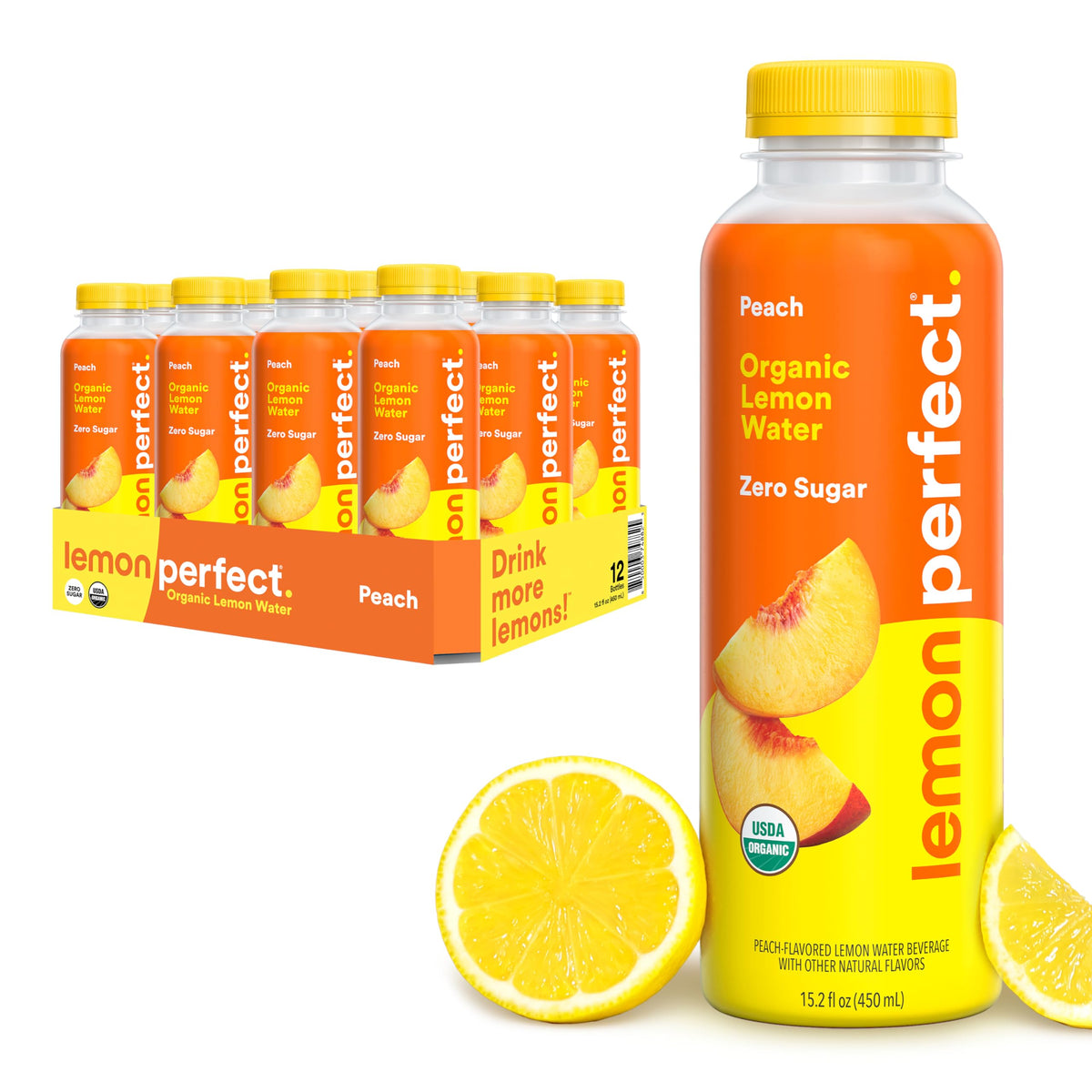 Lemon Perfect Peach bottle being poured, showcasing zero-sugar hydration