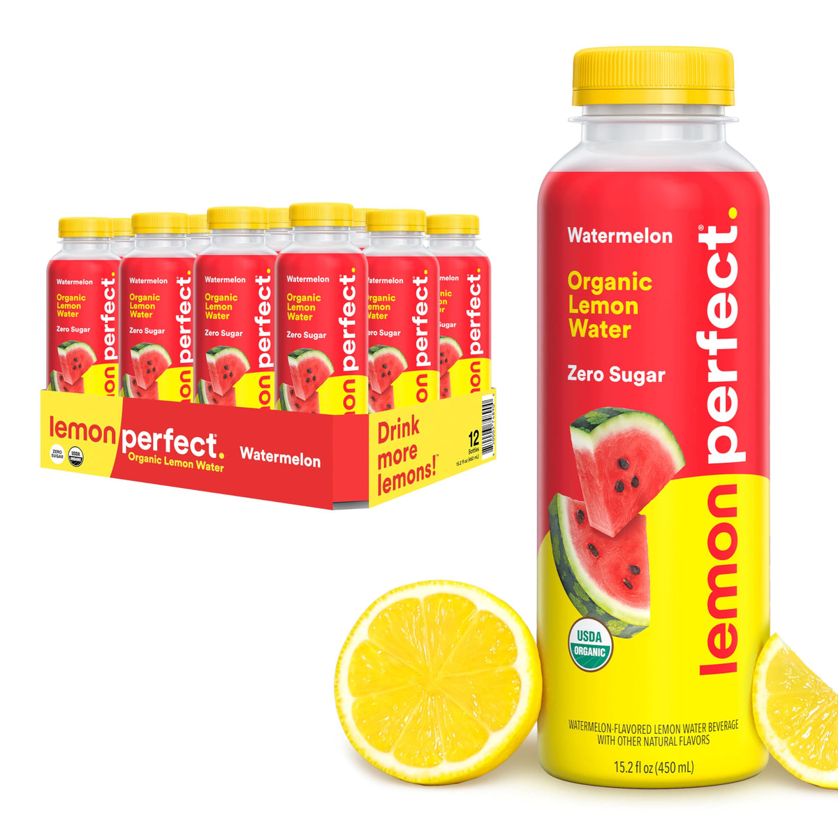 LEMON PERFECT Watermelon bottle front view, refreshing zero-sugar hydration on the go.