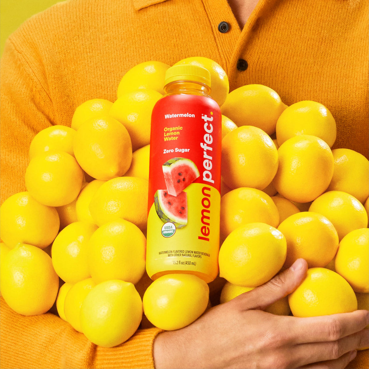 LEMON PERFECT Watermelon label close-up shows organic ingredients and zero sugar.
